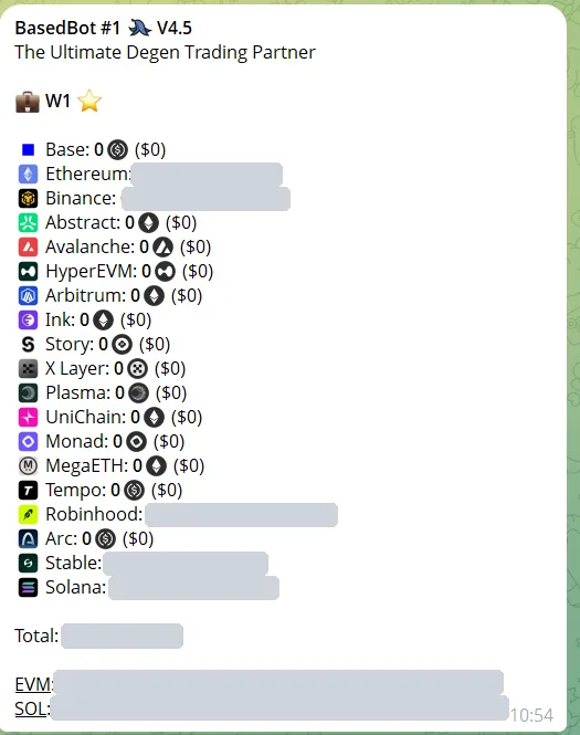 BasedBot start screen on Telegram showing the trading wallet it created, with balances listed per chain including Stable. Amounts and addresses masked.